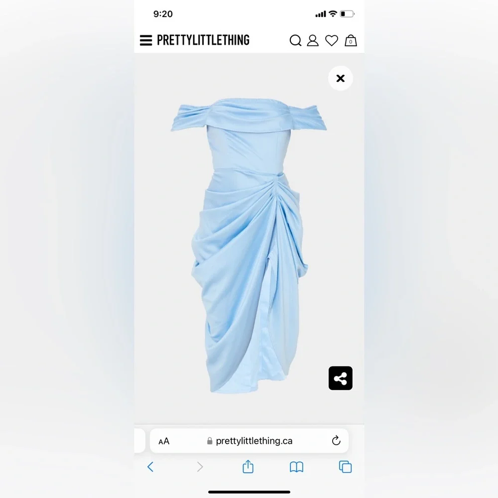 Blue Satin Draped Bardot Midi Dress - Picture 1 of 4